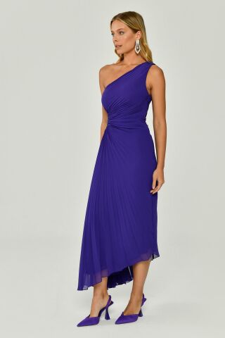 One-Shoulder-Low-Cut Plissee Asymmetrischer Schnitt Chiffon Midikleid Lila - 44