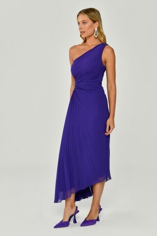 Tek Omuz Bel Dekolteli Pileli Asimetrik Kesim Şifon Midi Elbise Mor - 44