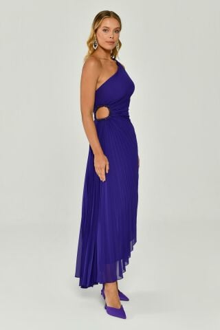 One-Shoulder-Low-Cut Plissee Asymmetrischer Schnitt Chiffon Midikleid Lila - 44