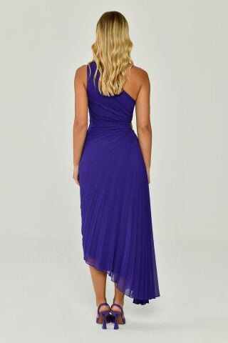 One-Shoulder-Low-Cut Plissee Asymmetrischer Schnitt Chiffon Midikleid Lila - 44