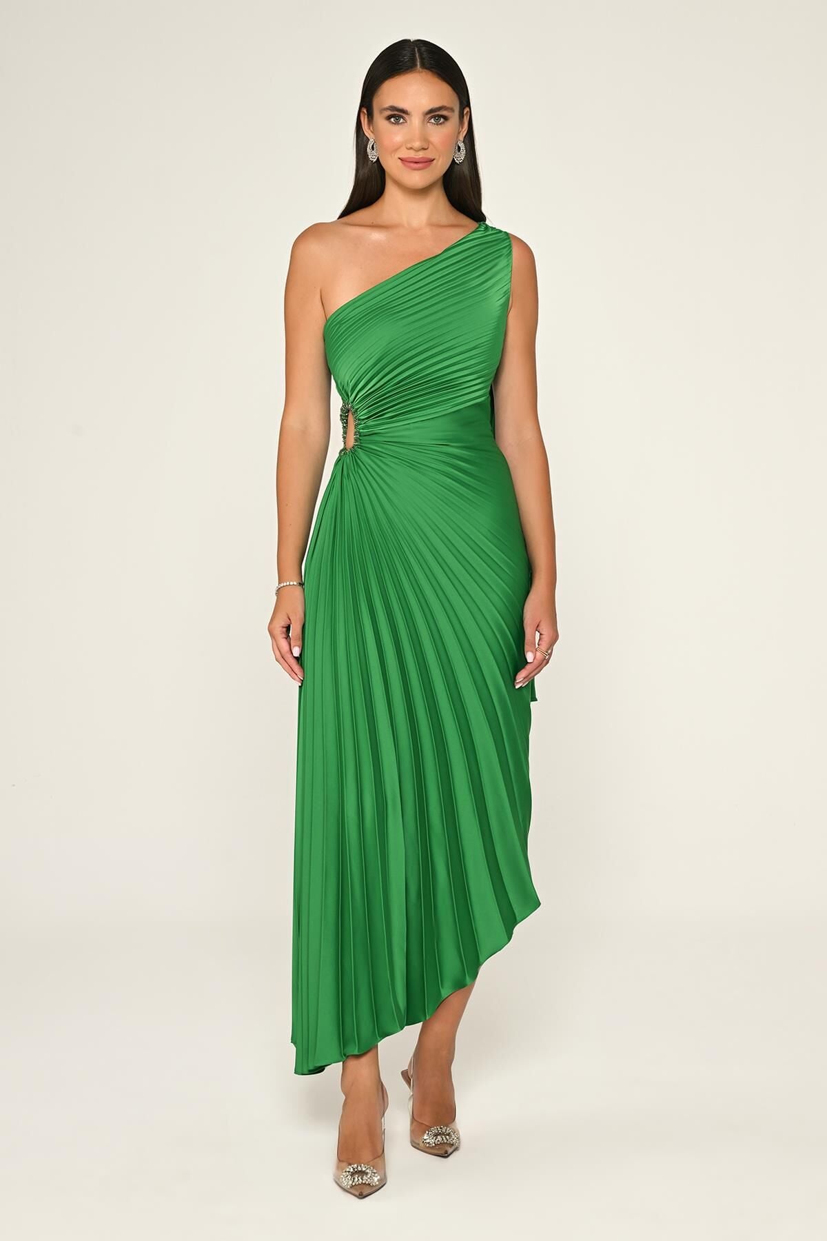 Tek Omuz Beli Pencere Detaylı Pliseli Saten Asimetrik Kesim Midi Elbise A.ZÜMRÜT - 36