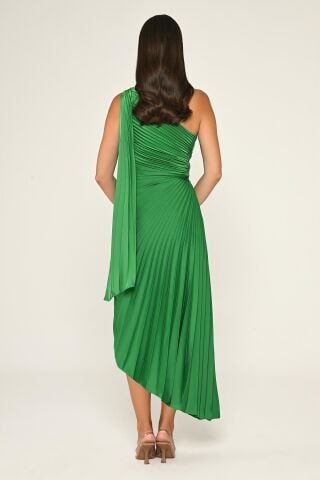 Tek Omuz Beli Pencere Detaylı Pliseli Saten Asimetrik Kesim Midi Elbise A.ZÜMRÜT - 36