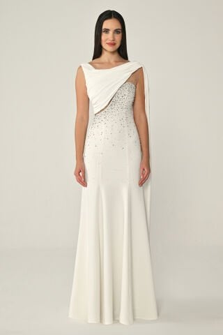 Şal Aksesuarlı Taşlı Krep Uzun Elbise