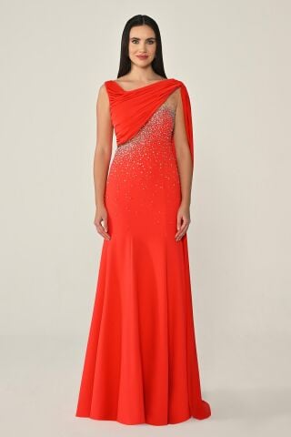 Şal Aksesuarlı Taşlı Krep Uzun Elbise