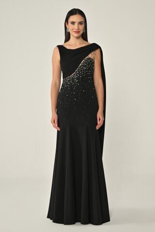 Şal Aksesuarlı Taşlı Krep Uzun Elbise