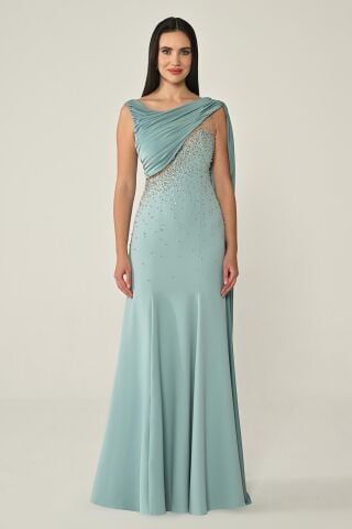 Şal Aksesuarlı Taşlı Krep Uzun Elbise