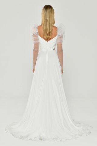 Langes Chiffonkleid mit transparenten Ärmeln, Herzform, Brust, Blumenmuster, Accessoire, Schlitz, Weiß - 36