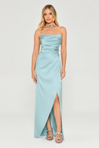 Straplez Saten Uzun Elbise MİNT - 40