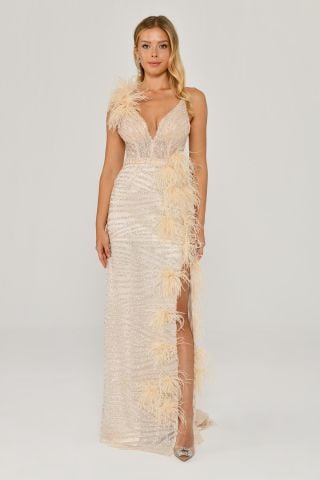 İp Askılı Sırt İp Askılı V Yaka Otriş Akesuarlı Pullu Kumaş Uzun Elbise EKRU - 40