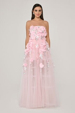 Straplez 3 Boyut Çiçek Aksesuarlı Tül Uzun Elbise
