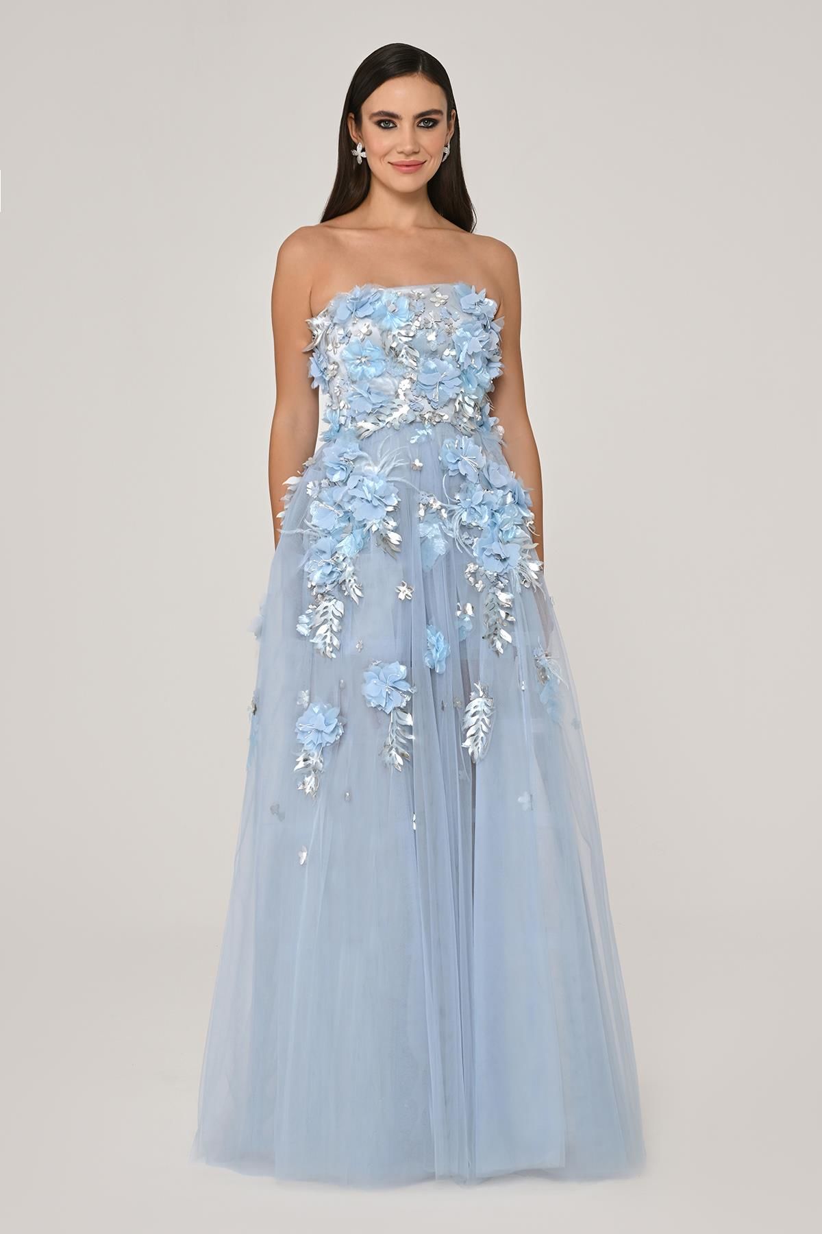 Strapless 3D Floral Accessories Tulle Long Dress