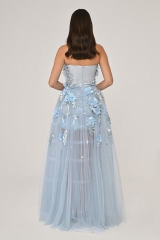 Strapless 3D Floral Accessories Tulle Long Dress