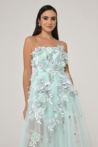 Strapless 3D Floral Accessories Tulle Long Dress