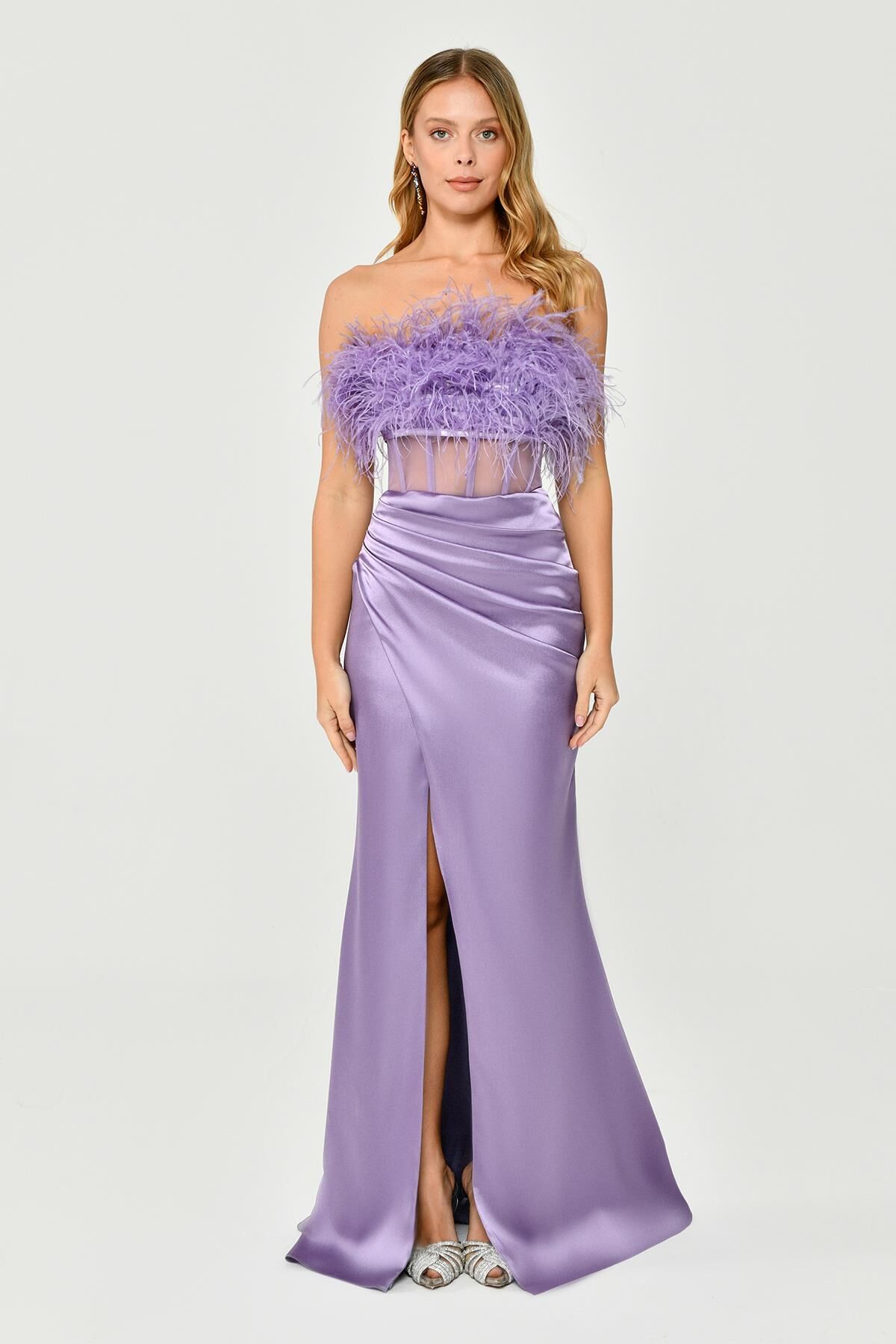 Straplez Otrişli Korse Transparan Bel Saten Uzun Elbise Lila - 38
