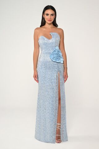 Straplez Göğüsü Asimetrik Kesim Payet Kumaş Uzun Elbise AÇIK MAVİ - 36