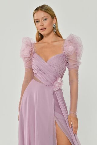 Uzun Transparan Kollu Kalp Göğüs Çiçek Aksesuarlı Yırtmaçlı Şifon Uzun Elbise Pembe - 38