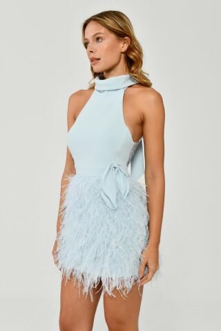 Halter Neck Lace Back Skirt With Feather Short Dress LIGHT BLUE - 36