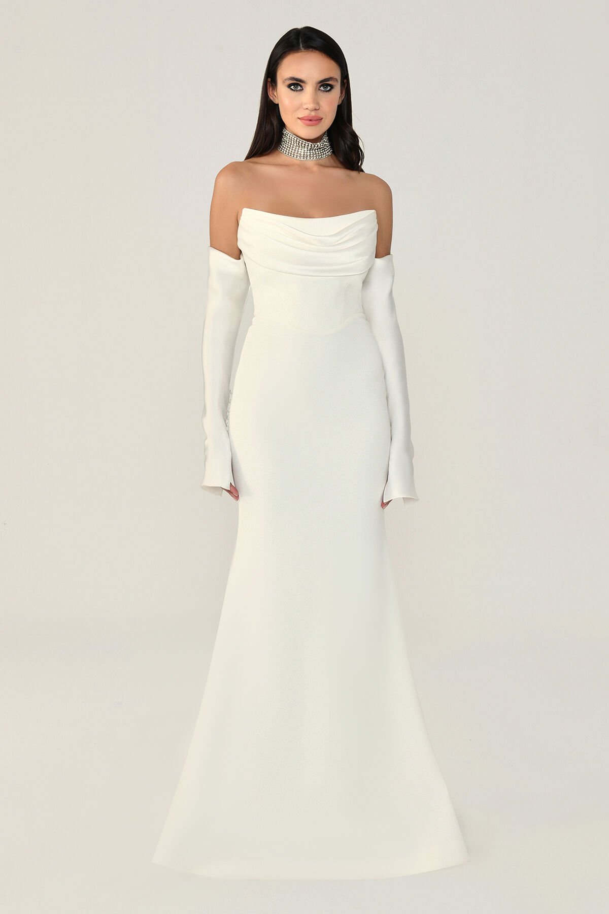 Straplez Kollu Balık Kesim Uzun Elbise