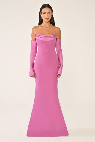 Straplez Kollu Balık Kesim Uzun Elbise