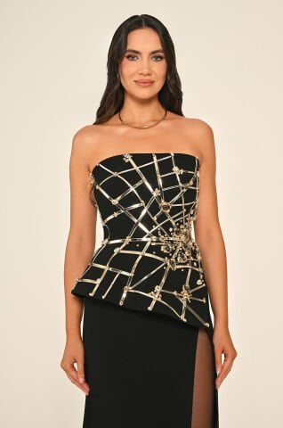 Straplez Şerit Aksesuarlı Yırtmaçlı Krep Uzun Elbise