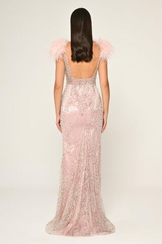 Omzu Otrişli Taşlı Uzun Elbise Pembe - 44