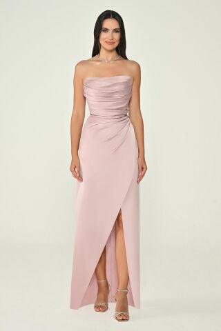 Straplez Saten Uzun Elbise Pudra - 36