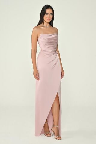 Straplez Saten Uzun Elbise Pudra - 36