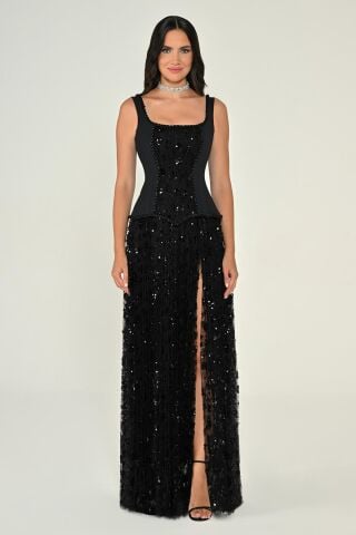 Askılı Önden Yırtmaçlı Payet Uzun Elbise