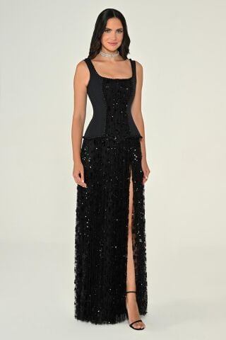 Askılı Önden Yırtmaçlı Payet Uzun Elbise