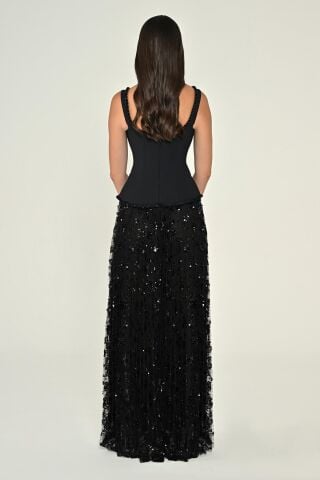 Askılı Önden Yırtmaçlı Payet Uzun Elbise