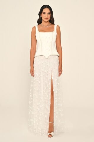 Askılı Önden Yırtmaçlı Payet Uzun Elbise