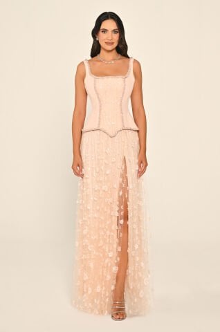 Askılı Önden Yırtmaçlı Payet Uzun Elbise