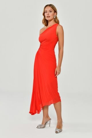 Tek Omuz Bel Dekolteli Pileli Asimetrik Kesim Şifon Midi Elbise MERCAN - 44