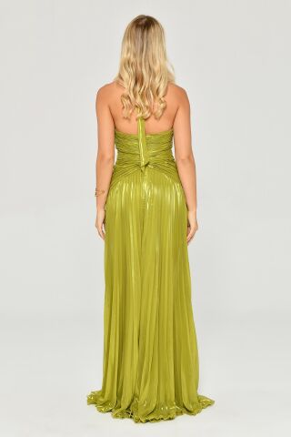 V Yaka Piliseli Yırtmaçlı Parlak Şifon Uzun Elbise ELMA YEŞİLİ - 38