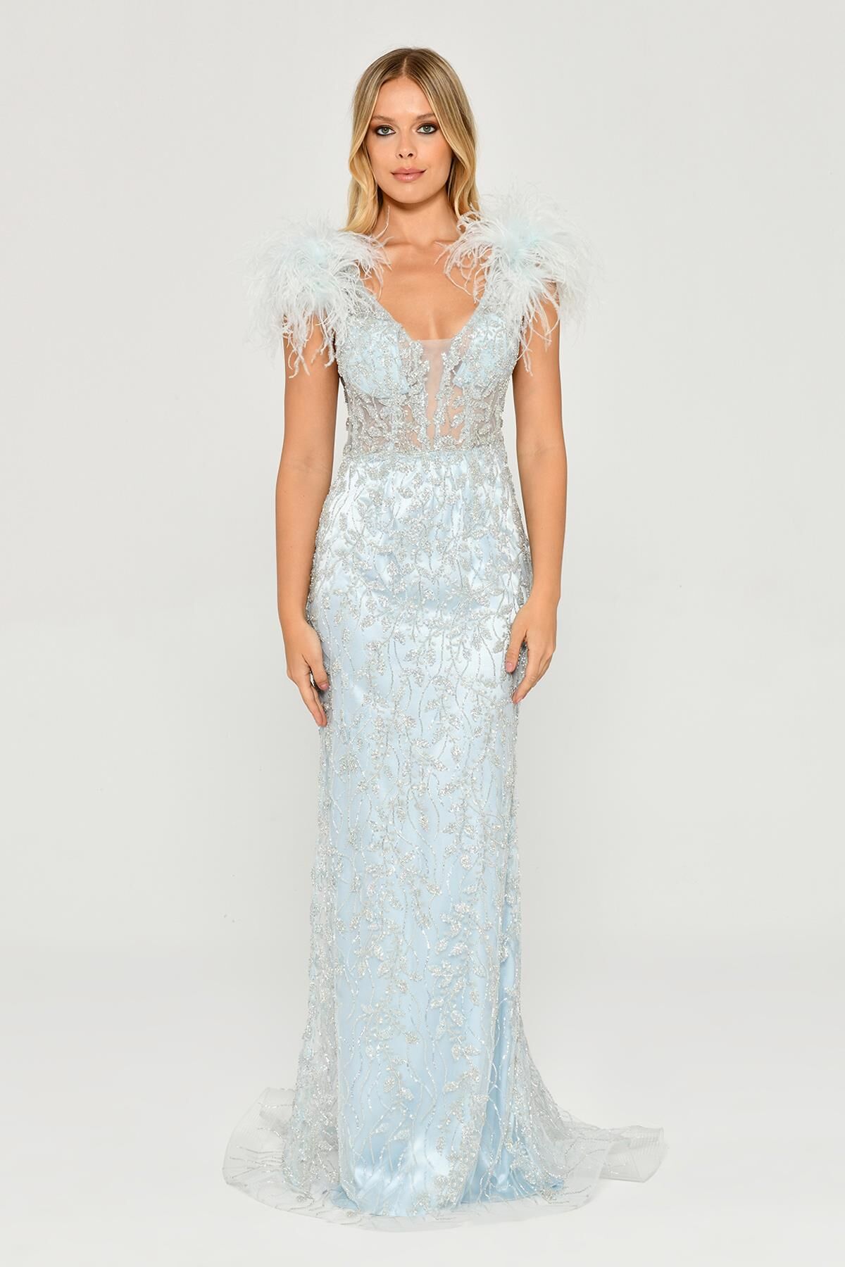 Omzu Otrişli Taşlı Uzun Elbise MAVİ - 44