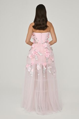 Straplez 3 Boyut Çiçek Aksesuarlı Tül Uzun Elbise Pembe - 40