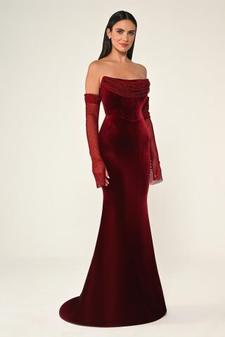 Taşlı File Kollu Balık Kesim Kadife Uzun Elbise Bordo - 36