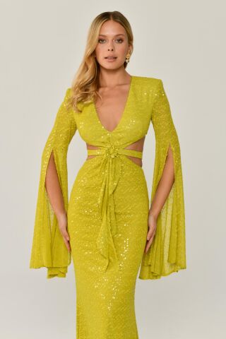 Fließendes, langärmliges, langes Kleid mit V-Ausschnitt und Pailletten, OXIDGRÜN – 38