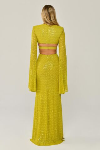 Fließendes, langärmliges, langes Kleid mit V-Ausschnitt und Pailletten, OXIDGRÜN – 38