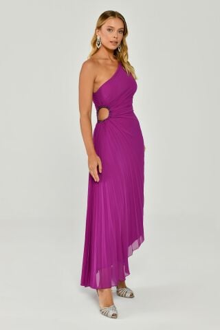 Tek Omuz Bel Dekolteli Pileli Asimetrik Kesim Şifon Midi Elbise Eflatun - 40