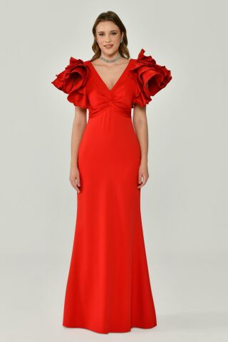 Volanlı Omuz V Yaka Krep Uzun Elbise Kırmızı - 38