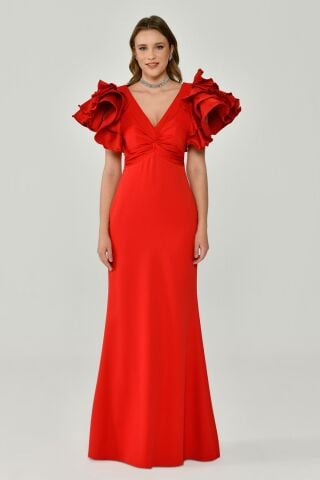 Volanlı Omuz V Yaka Krep Uzun Elbise Kırmızı - 38