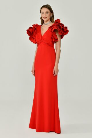 Volanlı Omuz V Yaka Krep Uzun Elbise Kırmızı - 38