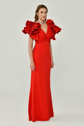 Volanlı Omuz V Yaka Krep Uzun Elbise Kırmızı - 38