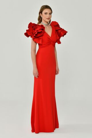 Volanlı Omuz V Yaka Krep Uzun Elbise Kırmızı - 38