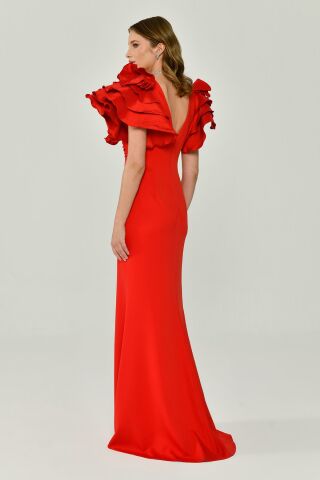 Volanlı Omuz V Yaka Krep Uzun Elbise Kırmızı - 38