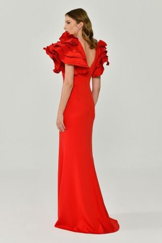 Volanlı Omuz V Yaka Krep Uzun Elbise Kırmızı - 38