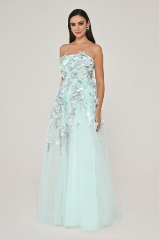 Trägerloses langes Tüllkleid mit 3D-Blumen-Accessoires Mint – 38