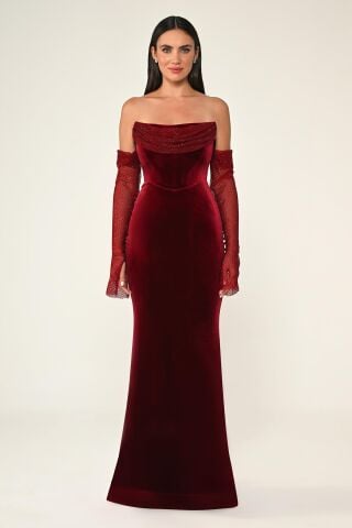 Taşlı File Kollu Balık Kesim Kadife Uzun Elbise Bordo - 42
