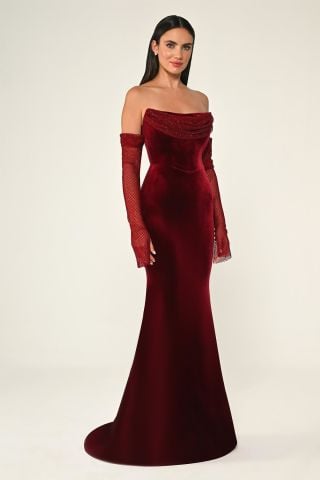 Stoned Fish Cut Velvet Long Dress with Net Sleeves Burgundy - 42